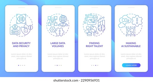 Data science challenges blue gradient onboarding mobile app screen. Development walkthrough 4 steps graphic instructions with linear concepts. UI, UX, GUI template. Myriad Pro-Bold, Regular fonts used