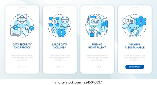 Data science challenges blue onboarding mobile app screen. Development walkthrough 4 steps editable graphic instructions with linear concepts. UI, UX, GUI template. Myriad Pro-Bold, Regular fonts used