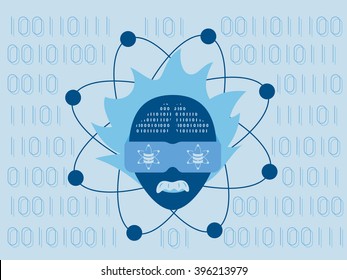 Data science and communication concept with scientist head wearing data glasses against flow of information background.
