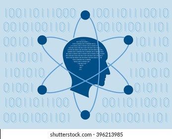 Data science and communication concept with scientist head against flow of information background.