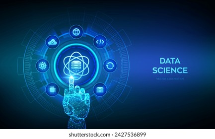 Ciencia de datos. Concepto de tecnología informática. Aprendizaje profundo. Inteligencia artificial, análisis. Big data. Aprendizaje automático. Alambre de la mano que toca la interfaz digital. Ilustración vectorial.