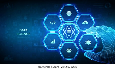 Data Science. Computer science technology concept. Artificial intelligence. Big data. Machine learning. Wireframe hand places an element into a composition visualizing Data Science. Vector. EPS10.