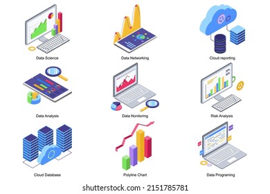 Concepto de ciencia de datos 3d iconos isométricos establecidos. Empaquetar elementos de redes, informes en la nube, análisis de riesgos, seguimiento, base de datos, gráfico y programación. Ilustración vectorial en diseño isométrico moderno