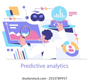 Data Science concept. An analyst examines intricate graphs for forecasting with predictive analytics tools. Vector illustration.