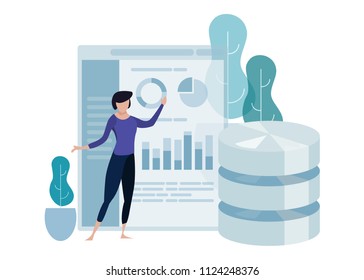 Data science concept of big database technology. Environment friendly green leaf. Woman explain presenting chart. analytics vector curved illustration.