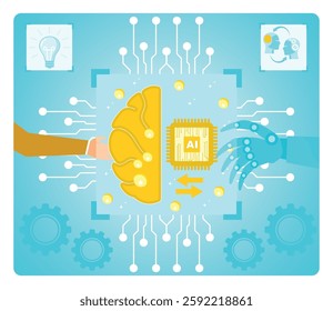 Data Science concept. Businessman Handshake with Robot Amidst Artificial Intelligence. Futuristic Collaboration, Embracing Technological Partnership. Flat vector modern illustration 