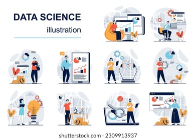 Data science concept with character situations mega set. Bundle of scenes people, making science research, working with datum charts, searching information. Vector illustrations in flat web design