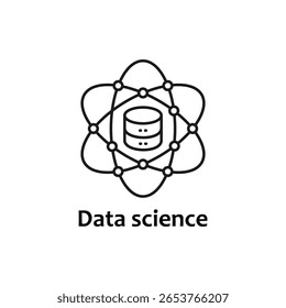 Data science concept database at the center of an atom symbolizing data analysis, technology, science. Suitable for tech related designs.