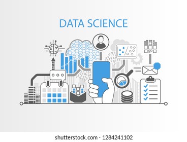 Data science concept with hand holding modern bezel free smartphone