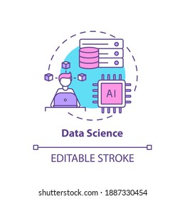 Icono de concepto de ciencia de datos. Carreras principales en TI para pensadores creativos. Ilustración de líneas delgadas de la idea futura de ingeniería del ciberespacio. Dibujo de color RGB con contorno aislado del vector. Trazo editable