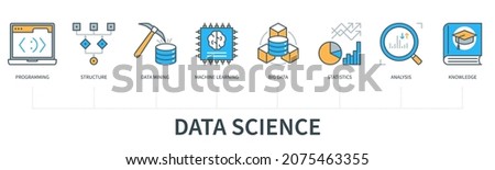 Data science concept with icons. Programming, structure, data mining, machine learning, big data, statistics, analysis, knowledge. Web vector infographic in minimal flat line style