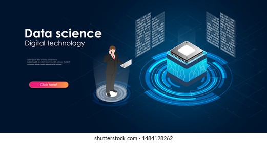 Data science concept. Isometric colorful illustration with character image. Can use for landign page, websites, banners, presentations, infographics etc.