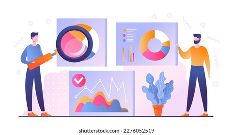 Data science concept. Man with magnifying glass examines chart and graph. Infographics and dashboard. Working with statistics and information, marketing research. Cartoon flat vector illustration