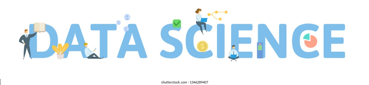 DATA SCIENCE. Concept with people, letters and icons. Colored flat vector illustration. Isolated on white background.