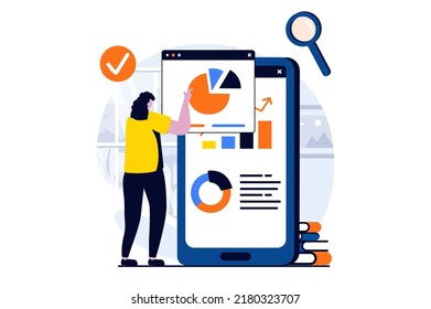Data science concept with people scene in flat cartoon design. Woman analyzing diagrams with different trends and making financial report using mobile app. Vector illustration visual story for web