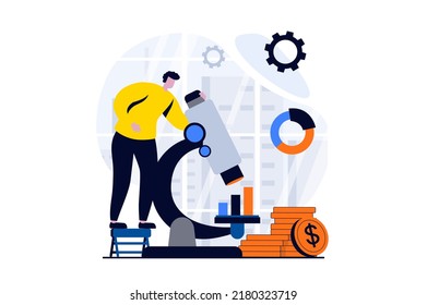 Data science concept with people scene in flat cartoon design. Scientist looking through microscope, studying data and working with statistics in laboratory. Vector illustration visual story for web