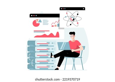 Data science concept with people scene in flat design. Man scientist working with molekules, studying statistics charts, using database at server. Vector illustration with character situation for web