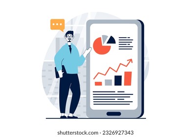 Datenwissenschaftskonzept mit Menschen-Szene in flachem Design für Web. Der Mensch arbeitet mit Diagrammen und Grafiken und recherchiert Informationen in mobilen Apps. Vektorgrafik für Social-Media-Banner, Marketingmaterial.