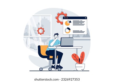 Data science concept with people scene in flat design for web. Man researching diagram analytics, making financial audit for forecast. Vector illustration for social media banner, marketing material.