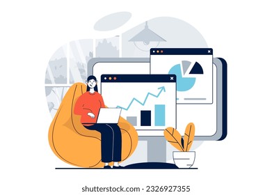 Concepto de ciencia de datos con escena de personas en diseño plano para web. Mujer trabajando con gráficos y diagramas, usando base de datos para el cálculo. Ilustración vectorial para banner de medios sociales, material de marketing.