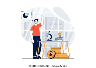Data science concept with people scene in flat design for web. Man scientist working with microscope, creating financial diagrams. Vector illustration for social media banner, marketing material.