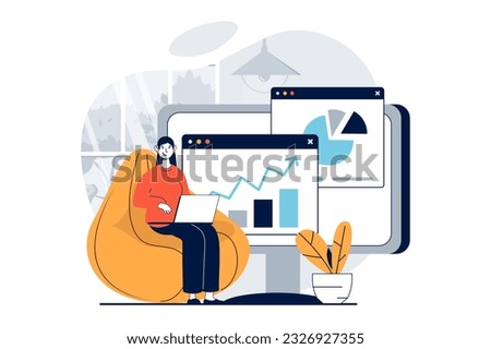 Data science concept with people scene in flat design for web. Woman working with charts and diagram, using database for calculation. Vector illustration for social media banner, marketing material.