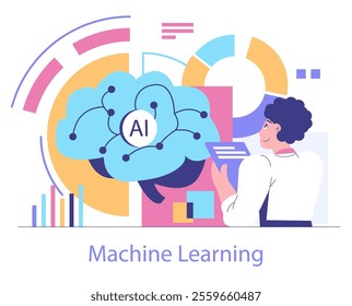 Data Science concept. A professional interacts with a cloud AI interface against analytics charts. The dynamism of machine learning. Vector illustration.