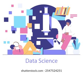 Data Science-Konzept. Forscher analysieren statistische Daten mithilfe moderner Technologie. Analyse, Erforschung und Visualisierung von Daten. Vektorgrafik.