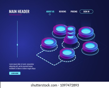 Data science concept, server room and data center ison, big data procssing and computing dark neon isometric vector