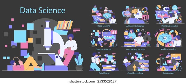 Data Science concept set. Modern analytics and AI technology. Scientists working on machine learning, AI, data visualization, and security. Vector illustration.
