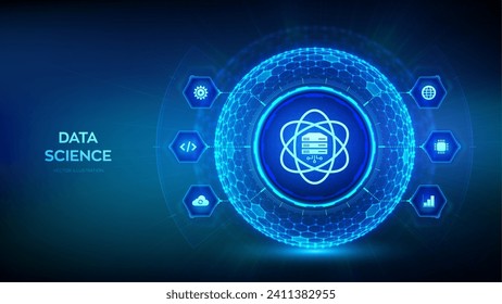 Data Science. Deep learning. Artificial intelligence, Analysis. Big data. Machine learning. Computer science technology concept in the shape of sphere with hexagon grid pattern. Vector illustration.