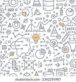 Data science. Doodle seamless pattern. Features  small objects and elements of various aspects and tools of extracting knowledge from data