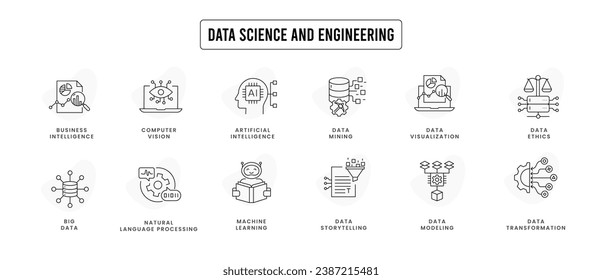 Data science and engineering icons: modeling, transformation, mining, storytelling, visualization, big data, computer vision, natural language processing, AI, ML, and data ethics.