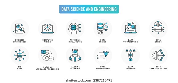 Symbole für Datenwissenschaften und Technik: Modellierung, Transformation, Bergbau, Geschichtenerzählen, Visualisierung, Big Data, Computervision, Verarbeitung natürlicher Sprachen, AI, ML und Datenethik.