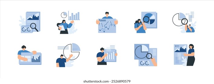 Data Science flat illustration set. Include of data, graph, chart, and research. Vector illustration isolated.