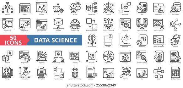 Conjunto de coleta de ícones da ciência de dados. Conter aprendizagem automática, análise, anomalia, IA, big data, classificação, correlação, limpeza de dados, engenheiro, data mining, cientista, visualização, visualização