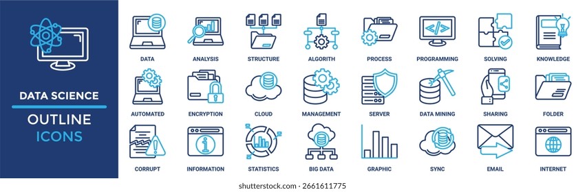 Conjunto de ícones de ciência de dados. Contendo análise, estrutura, algoritmo, processo, programação, resolução, conhecimento e muito mais. Coleção de ícones de vetor de tópicos