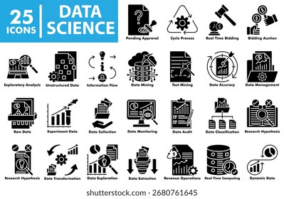 Data science icon set glyph style. Including data mining, big data, analytics, data management, research, statistics, machine learning, and business intelligence symbols.