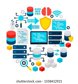 Data Science Icons Circle. Vector Illustration of Technology Flat Objects isolated over White.