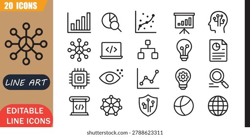 Data science icons set, 20 editable line art icons set, dataanalysis datascience machinelearning, analytics artificialintelligence statistics, technology insights innovation, theme style, clean vector