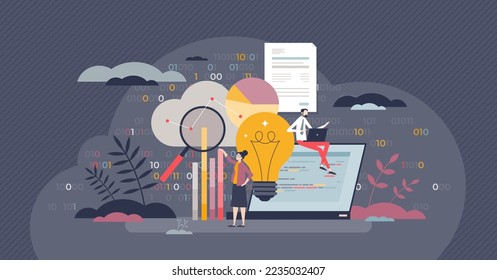 Data science as info collection, processing or knowledge tiny person concept. Learning about graphic analysis and math diagram measurements vector illustration. Smart scheme and diagram comprehension.