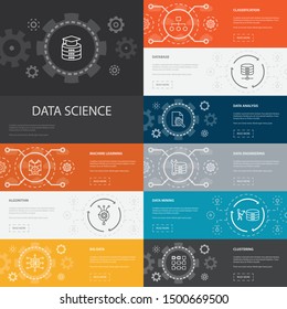 Data science Infographic 10 line icons banners.machine learning, Big Data, Database, Classification icons