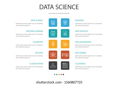 Data science Infographic 10 option concept. machine learning, Big Data, Database, Classification simple icons