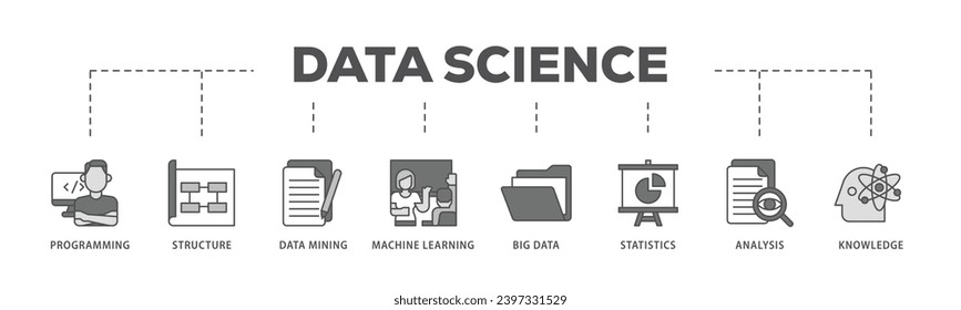 Data science infographic icon flow process which consists of data, classification, analyze, statistics, solving, decision and knowledge icon live stroke and easy to edit