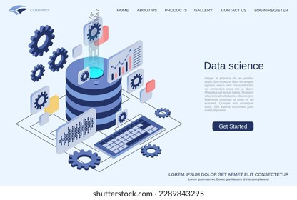 Data science, information computing, financial analytics modern 3d isometric vector concept illustration. Landing page design template