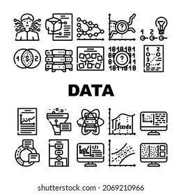 Data Science Innovate Technology Icons Set Vector. Analysis And Research Data Science, Software Algorithm And And Programming, Quantum Computer And Server Contour Illustrations