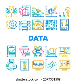 La Ciencia De Datos Innova La Tecnología Iconos Set Vector. Análisis E Investigación De La Ciencia De Datos, Algoritmo Y Programación De Software, Computadora Quantum Y Línea De Servidor. Ilustraciones de color