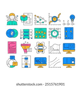 Ciencia de datos Innovar los iconos de Tecnología Conjunto de Vector. Análisis E Investigación Ciencia De Datos, Algoritmo Y Programación De Software, Computadora Cuántica Y Ilustraciones De Contorno De Servidores