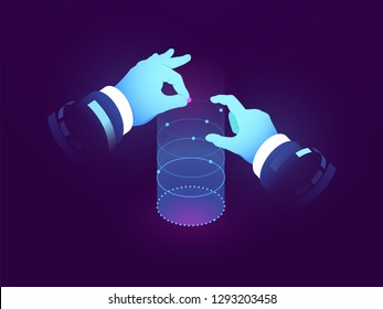 Data science and insights, man hand control, experiment visualization, dataflow graph, manipulation with genomic structure, scientist in laboratory 3d flat vector illustration