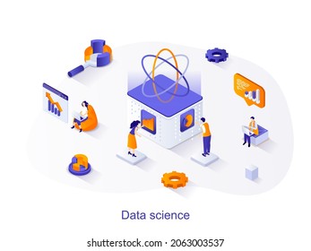 Data Science Isometric Web Concept. People Working With Datum On Database, Analyze Data And Financial Statistics, Process Information Scene. Vector Illustration For Website Template In 3d Design